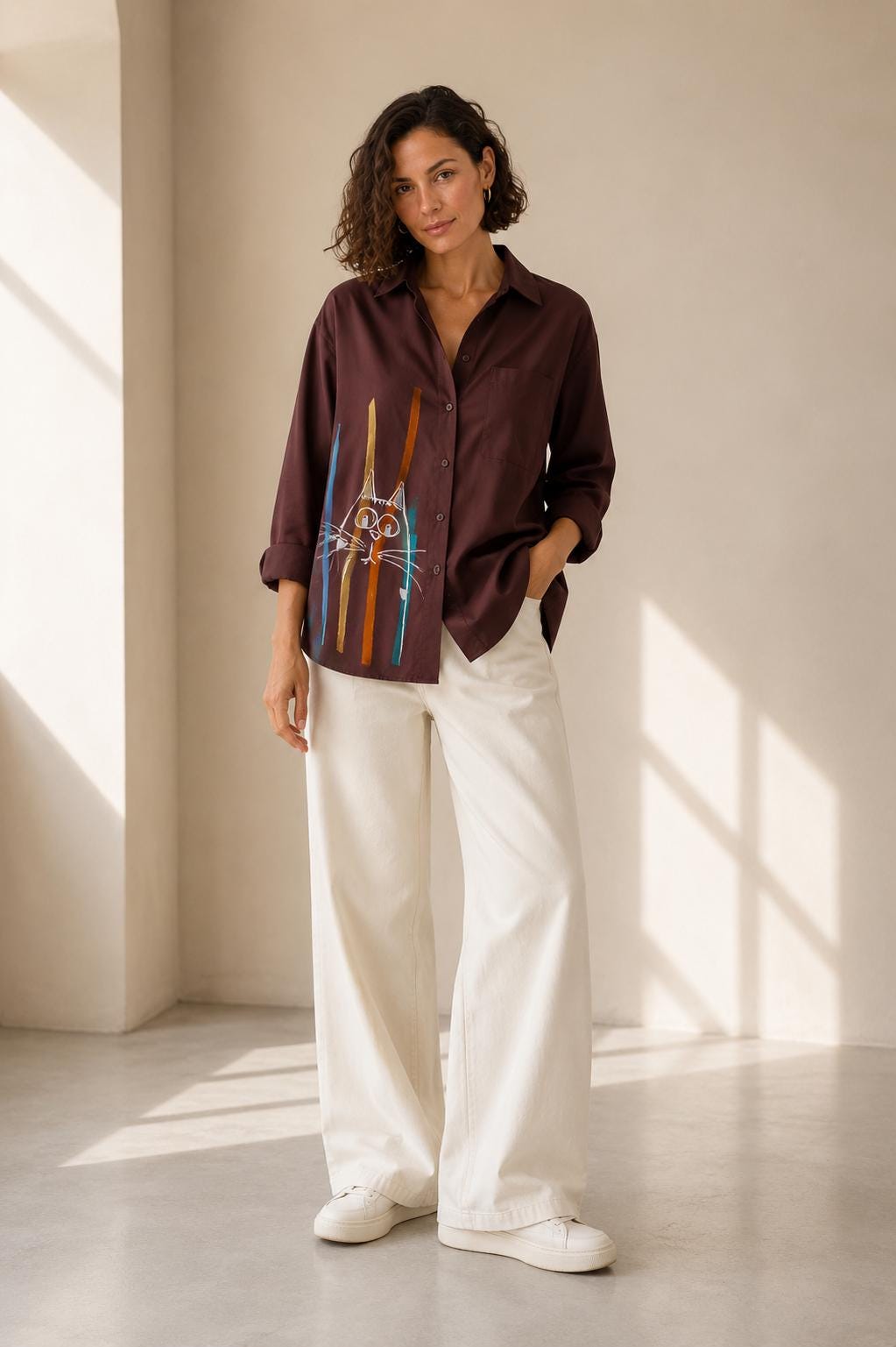 Camisa marrón oversize de mujer con gato pintado a mano, talla S/M