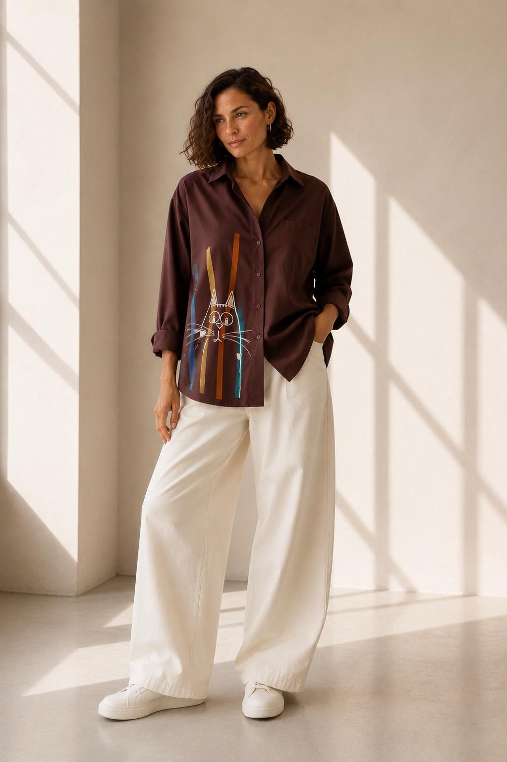 Camisa marrón oversize de mujer con gato pintado a mano, talla S/M