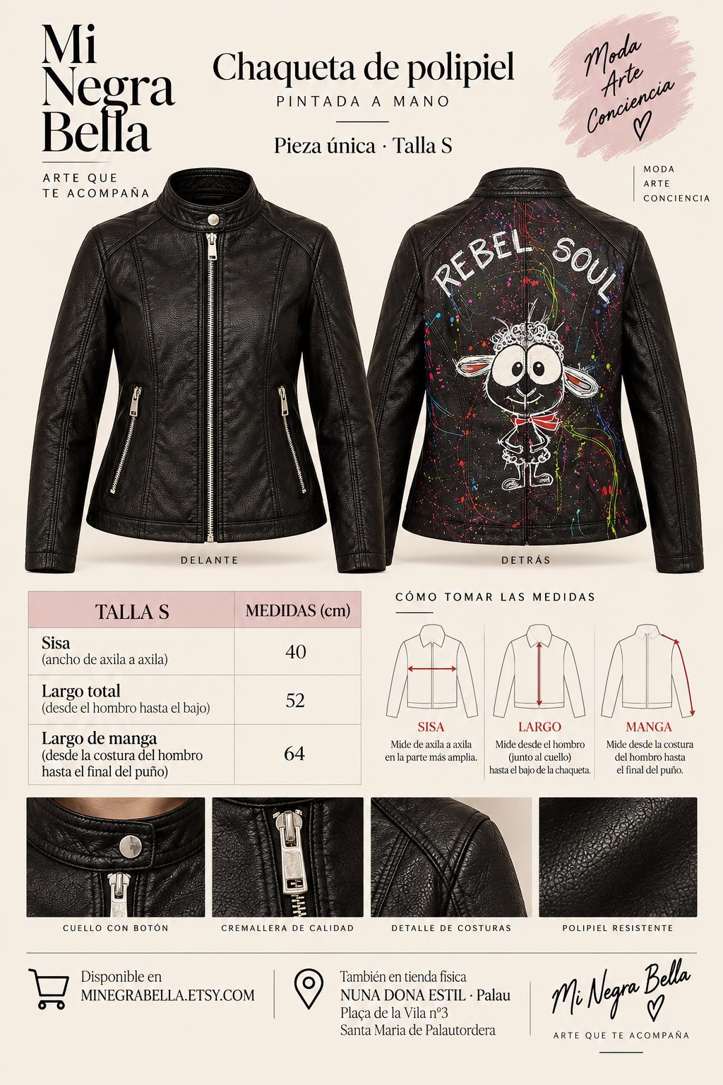 Cazadora negra de mujer pintada a mano Rebel Soul | Talla S | Chaqueta de polipiel artística | Pieza única