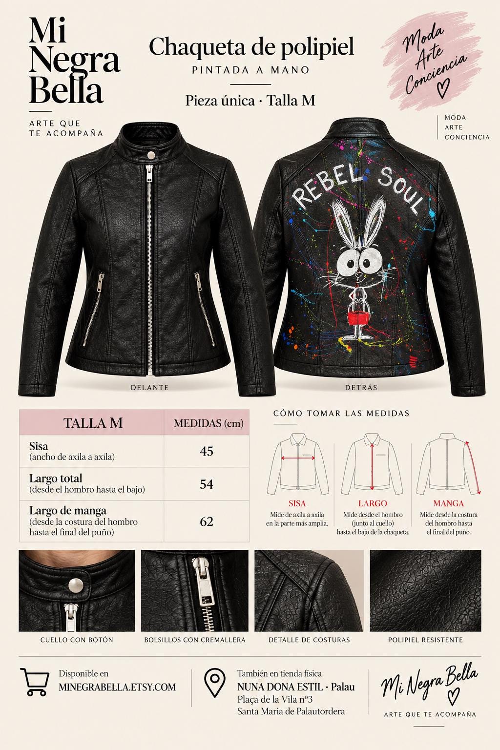 Chaqueta negra de polipiel pintada a mano Rebel Soul, mujer talla M